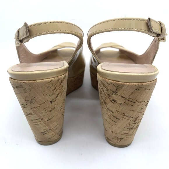 Stuart Weitzman Size 6.5M Adobe Nude Wedge Sandal Cork Peep Toe Slingback Patent - Picture 9 of 12